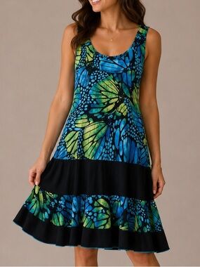Joseph Ribkoff Butterfly Print Dress Size 10 Blue Green Fit & Flare